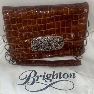 Brighton Brown Croc-Embossed Leather Crossbody with Decorative Silver Plaque